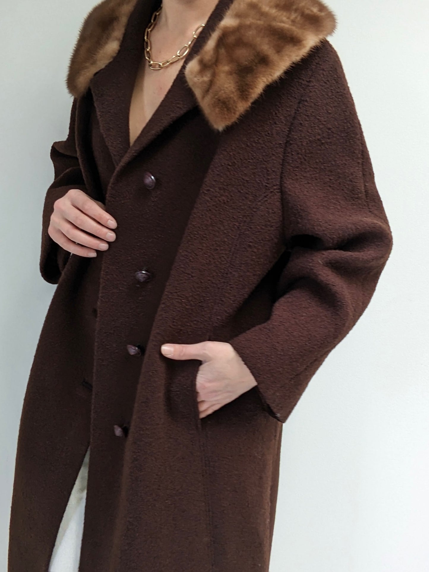 Gorgeous Vintage Chocolate Bouclé Wool & Fur Coat