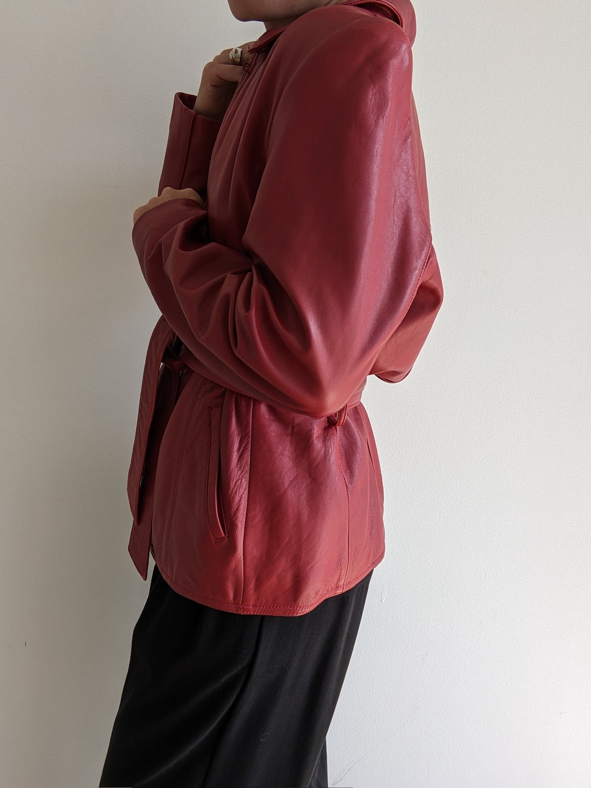 Vintage Crimson Lambskin Leather Belted Jacket