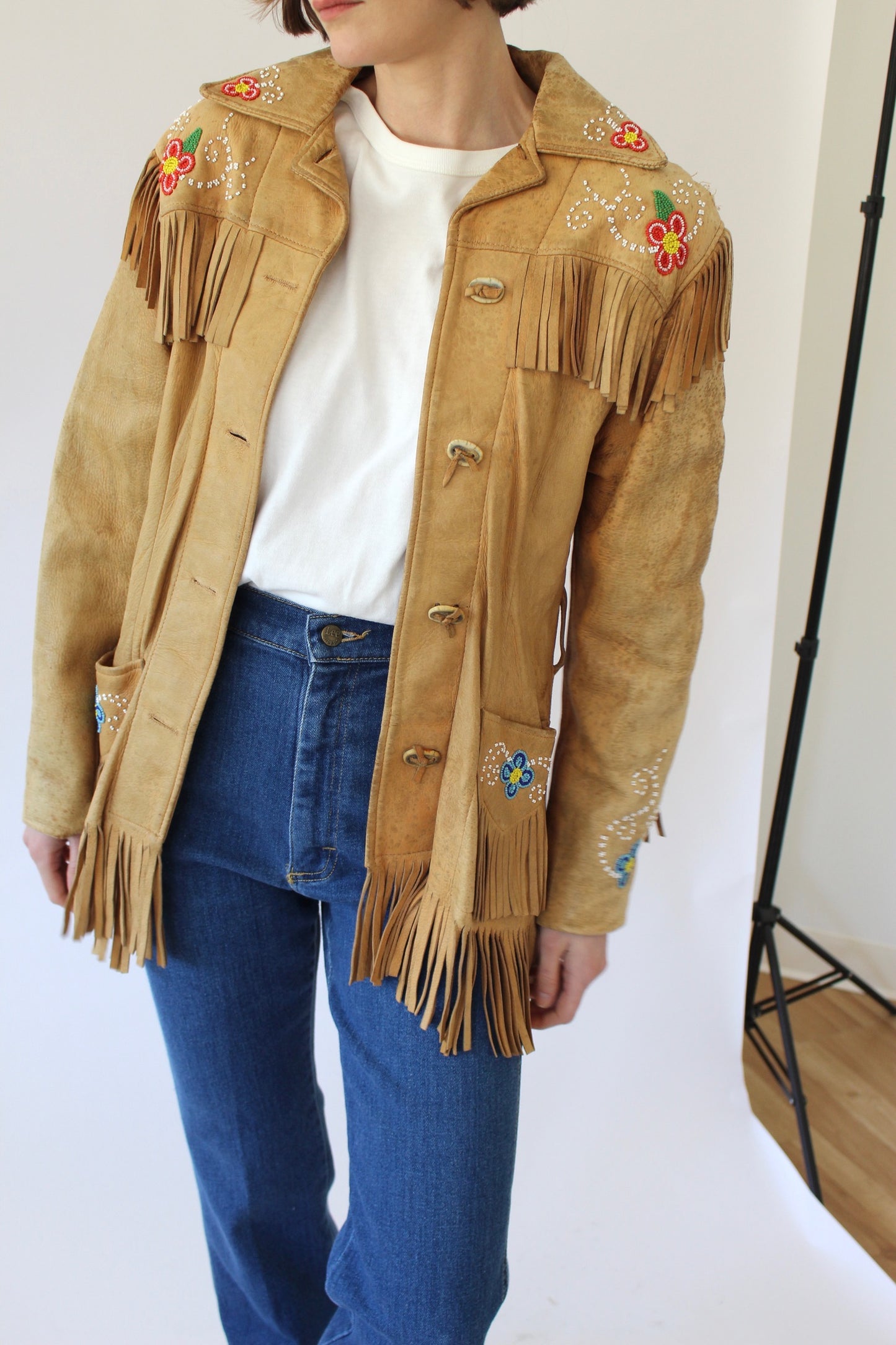 Vintage Floral Beaded Fringe Leather Jacket