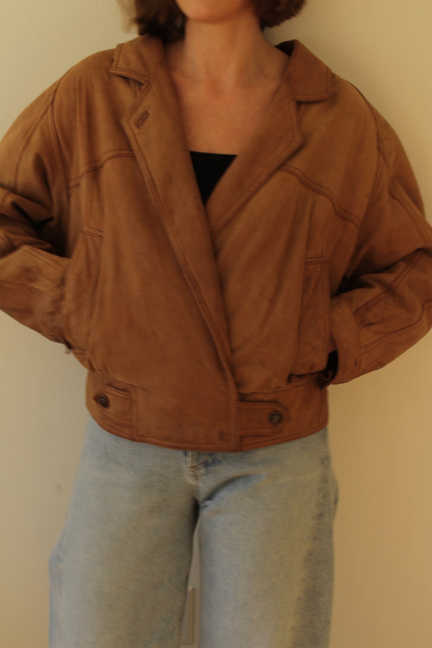 Favorite Vintage Almond Leather V-Neck Bomber