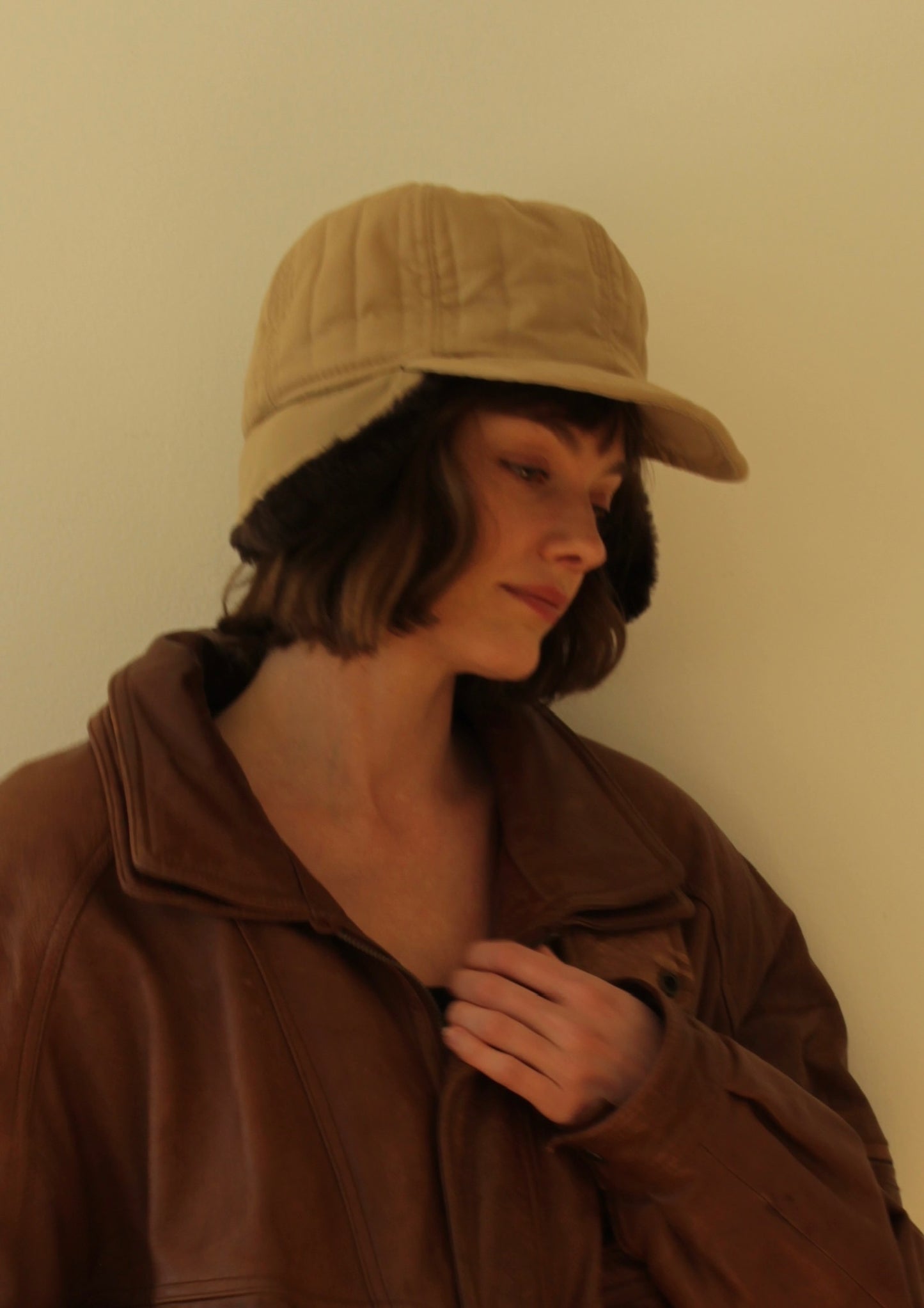 Vintage Quilted Khaki & Faux Fur Trapper Hat