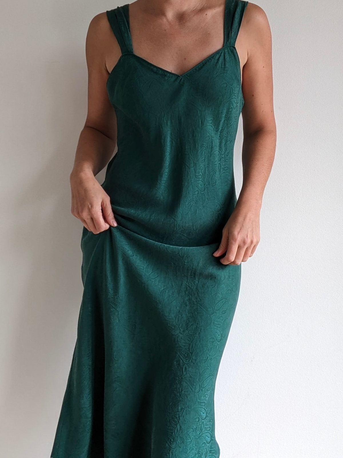 Vintage Embossed Moss Green Silk Slip Dress