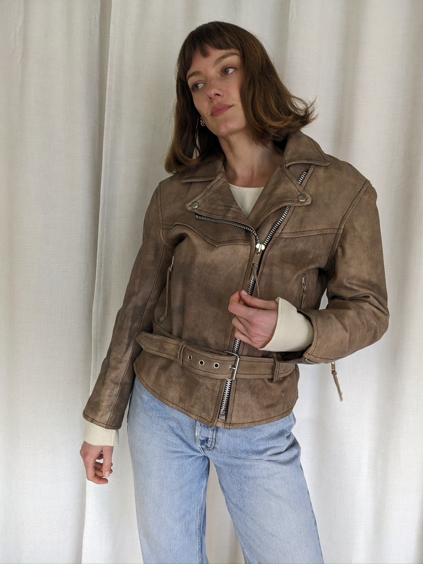 Amazing Vintage Faded Almond Leather Moto Jacket