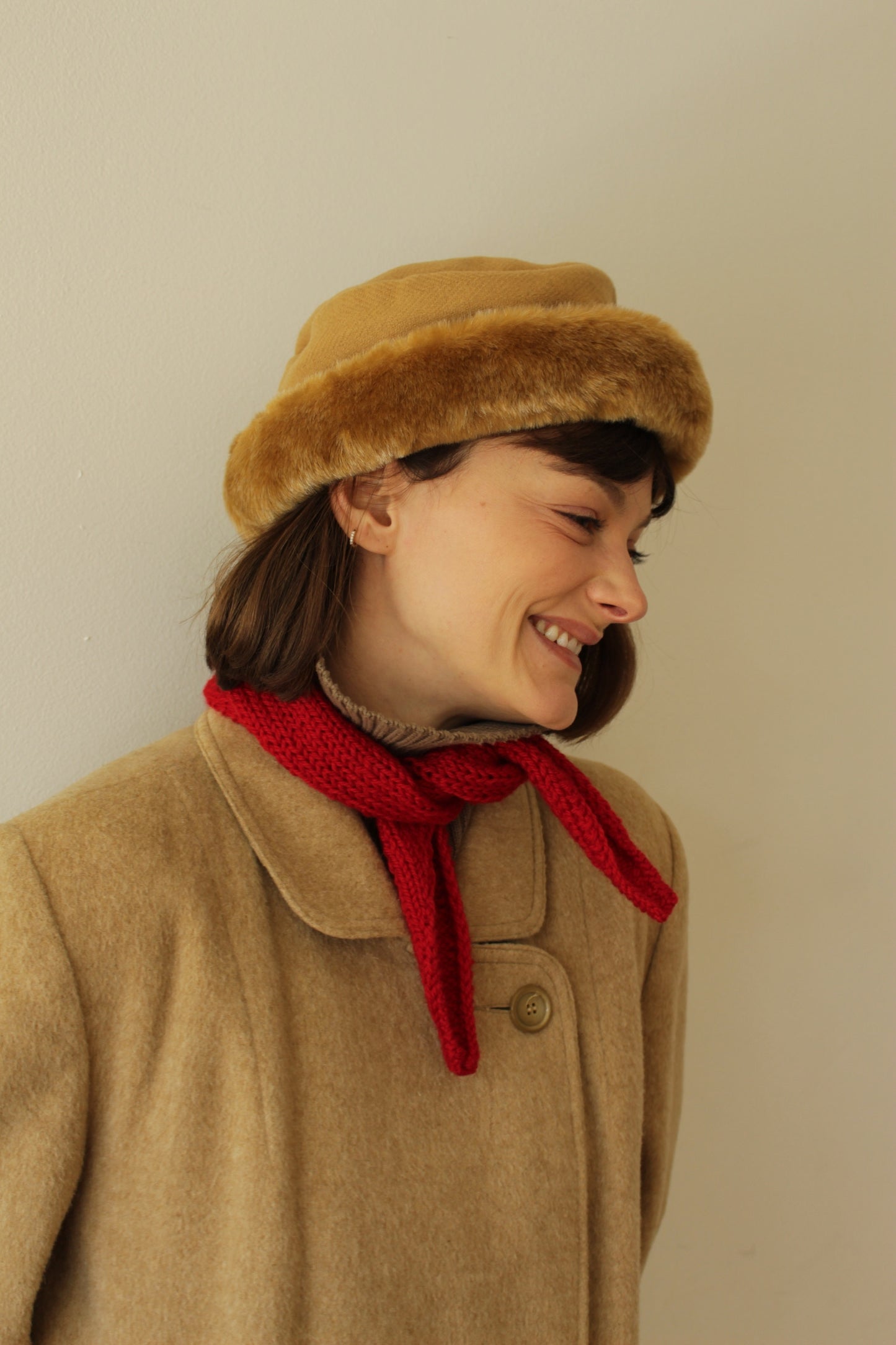 Vintage Caramel Wool Herringbone & Faux Fur Hat