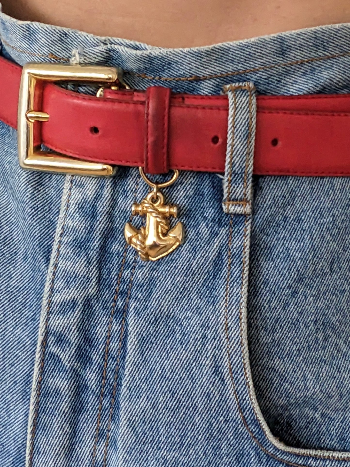 Vintage Red Leather & Anchor Pendant Belt