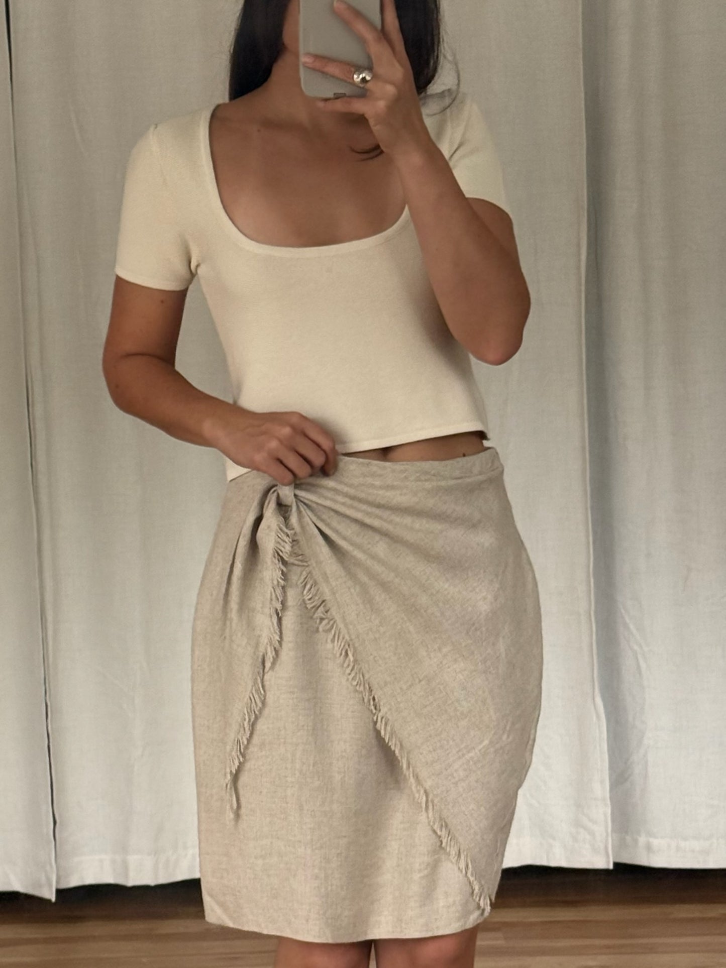 Vintage Wheat Linen Fringe Tie Skirt