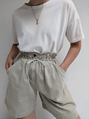 Vintage Khaki Twill Paper-Bag Pleated Shorts