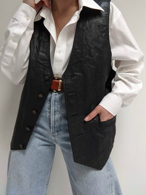 Vintage Black Leather Button Down Vest