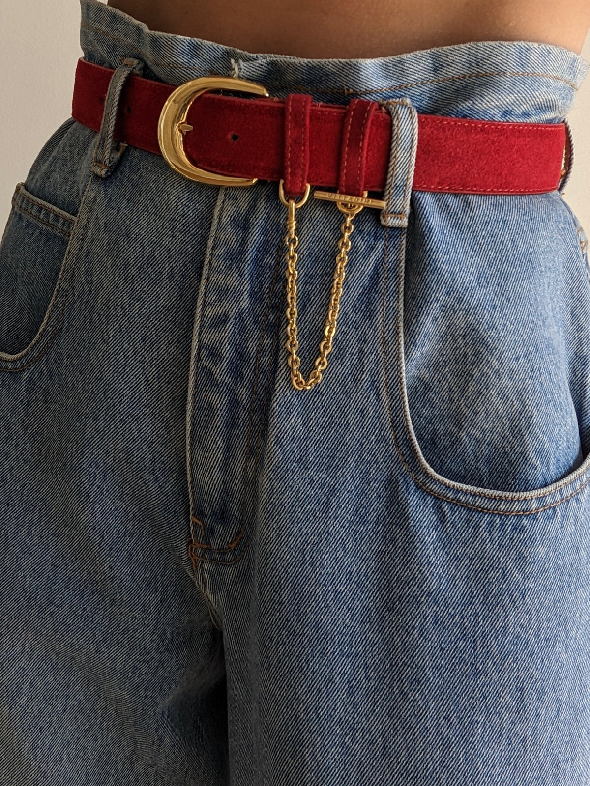 Vintage Crimson Suede & Gold Chain Belt