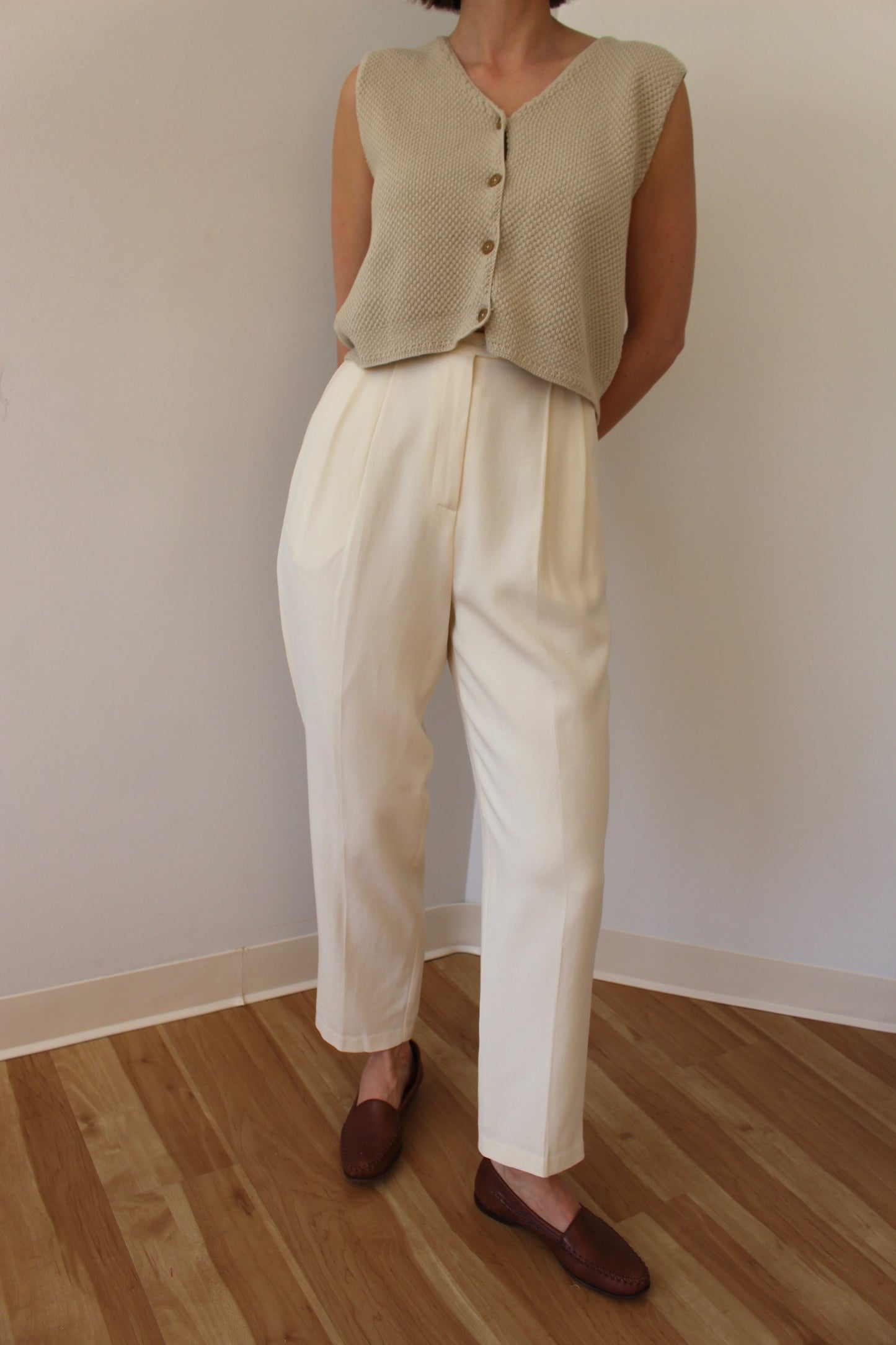 Classic Vintage Cream Pleated Wool Trousers