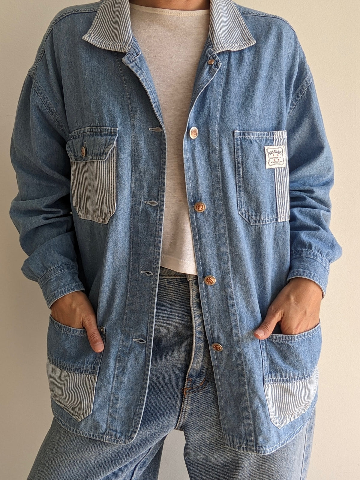 Vintage Railroad-Striped Denim Chore Coat