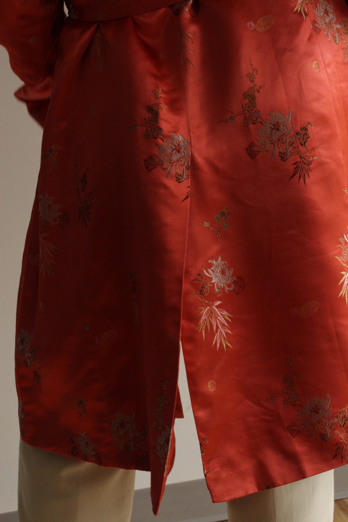Stunning Vintage Satin Embroidered Belted Coat