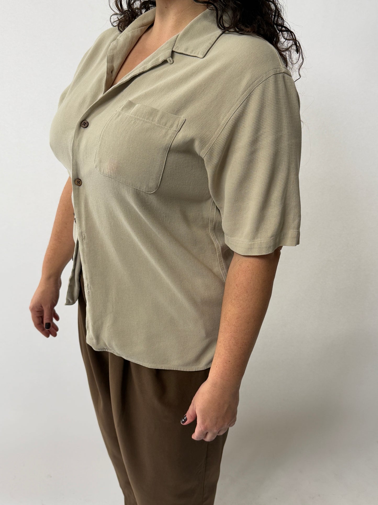 90s Sand Waffled Silk Button Up