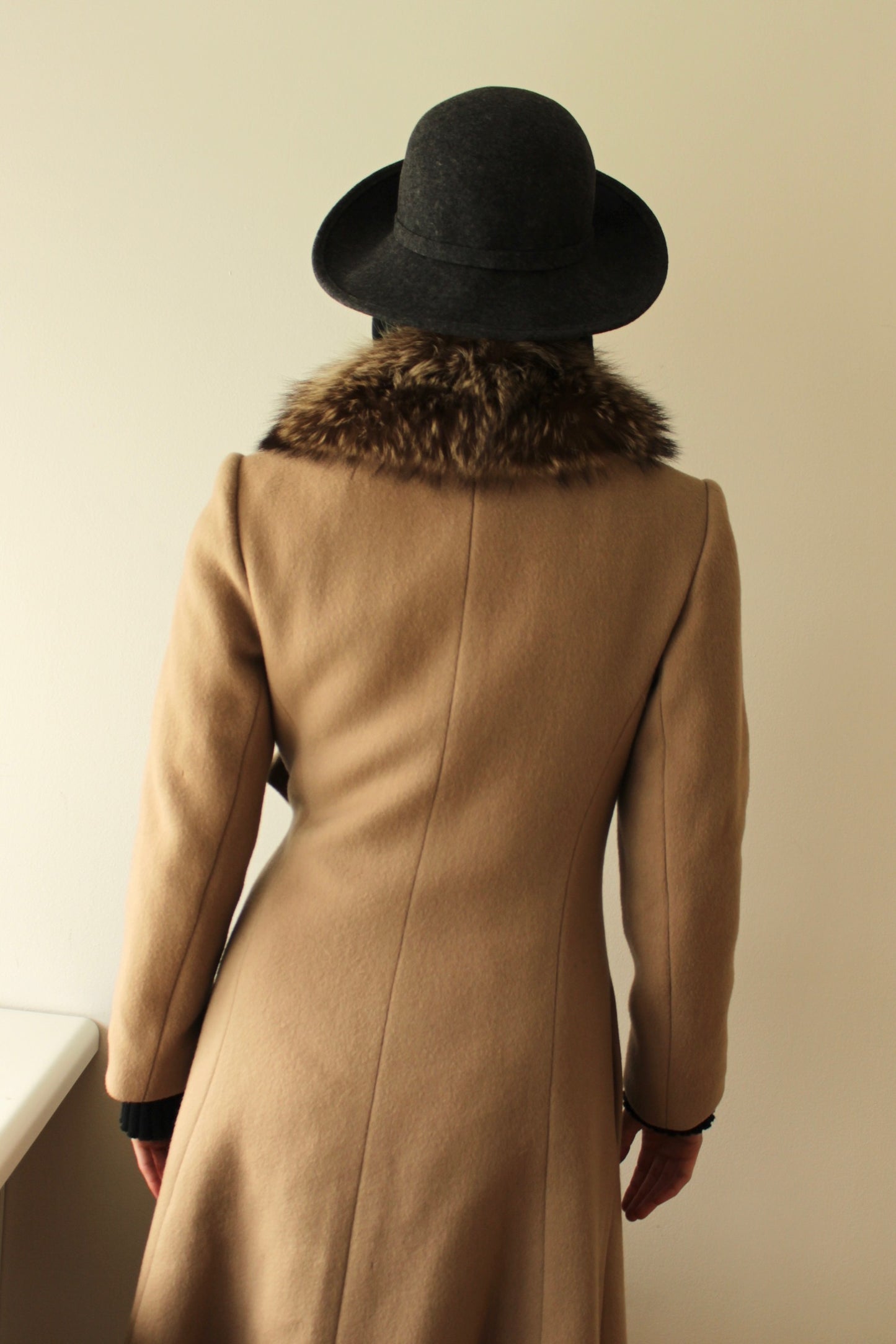 Vintage Latte Pure Wool & Fur Collar Crossover Coat