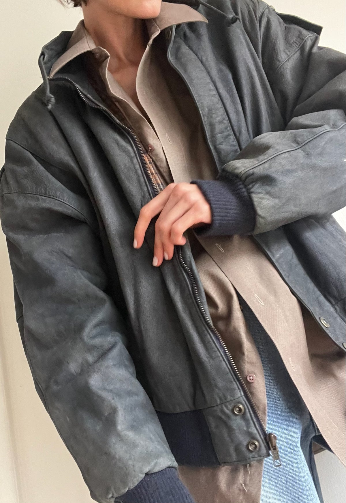 Vintage Ultra Faded Midnight Leather Bomber Jacket
