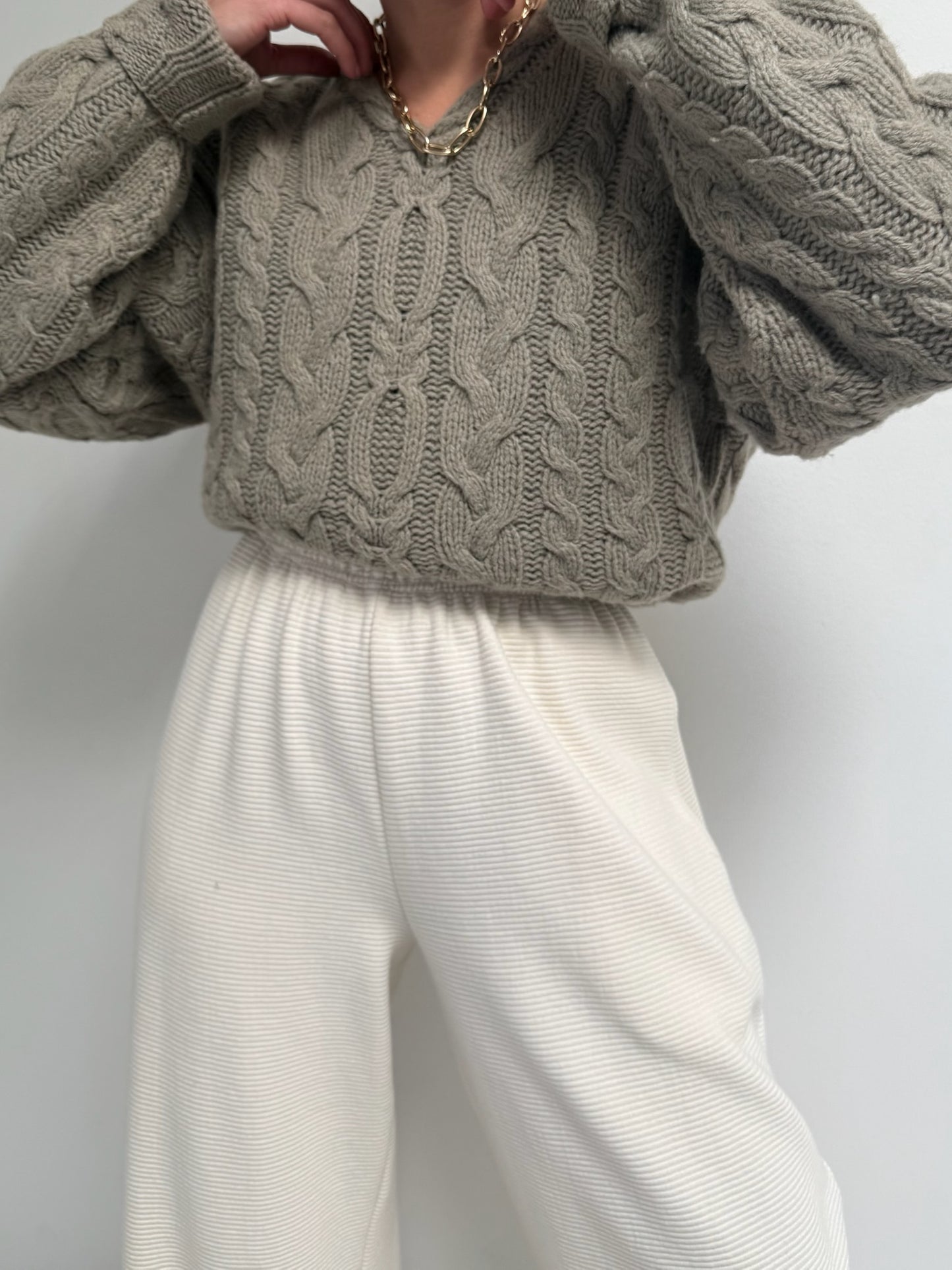 Vintage Taupe Cable Knit Wool Sweater