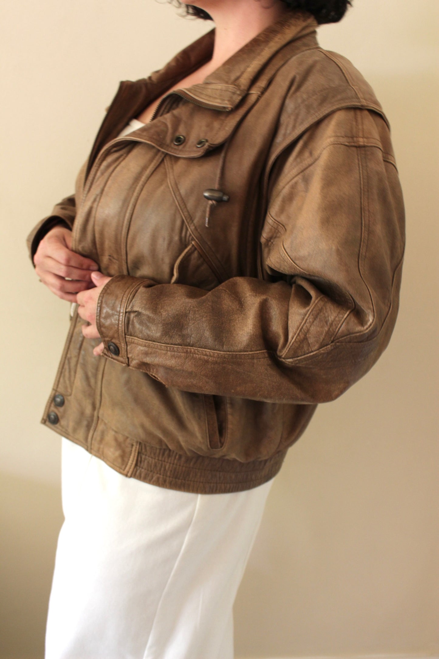 Vintage Cocoa Brown Leather Bomber Jacket