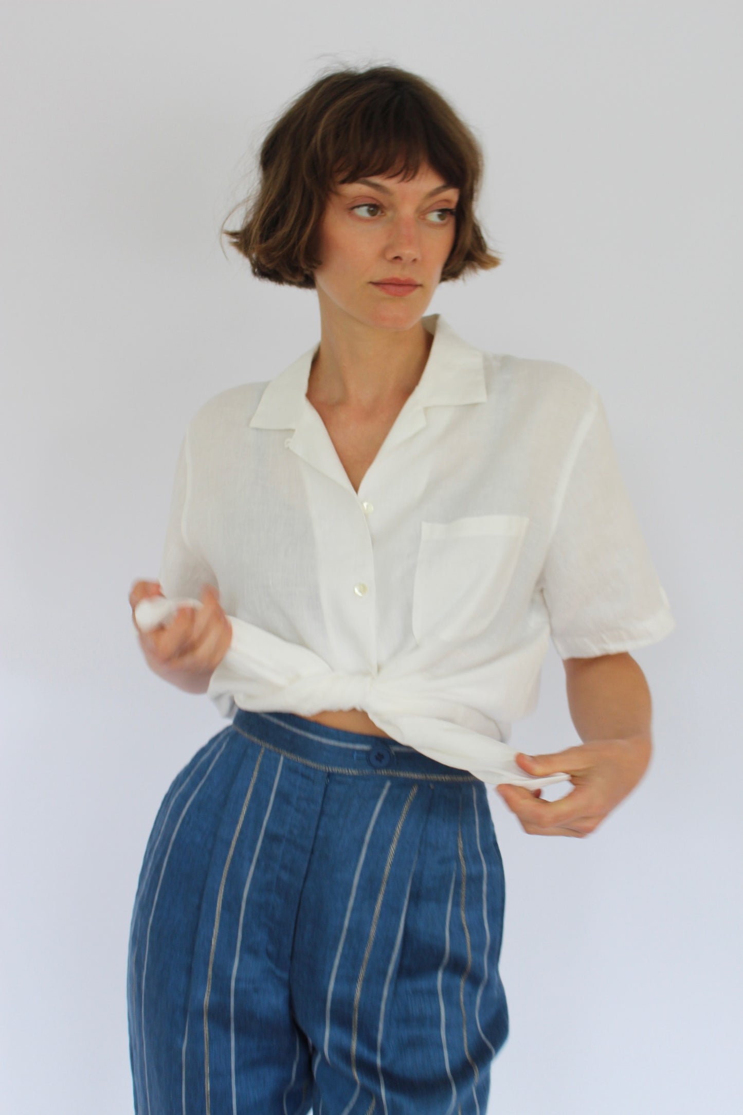 Vintage Eggshell Linen Short Sleeve Blouse