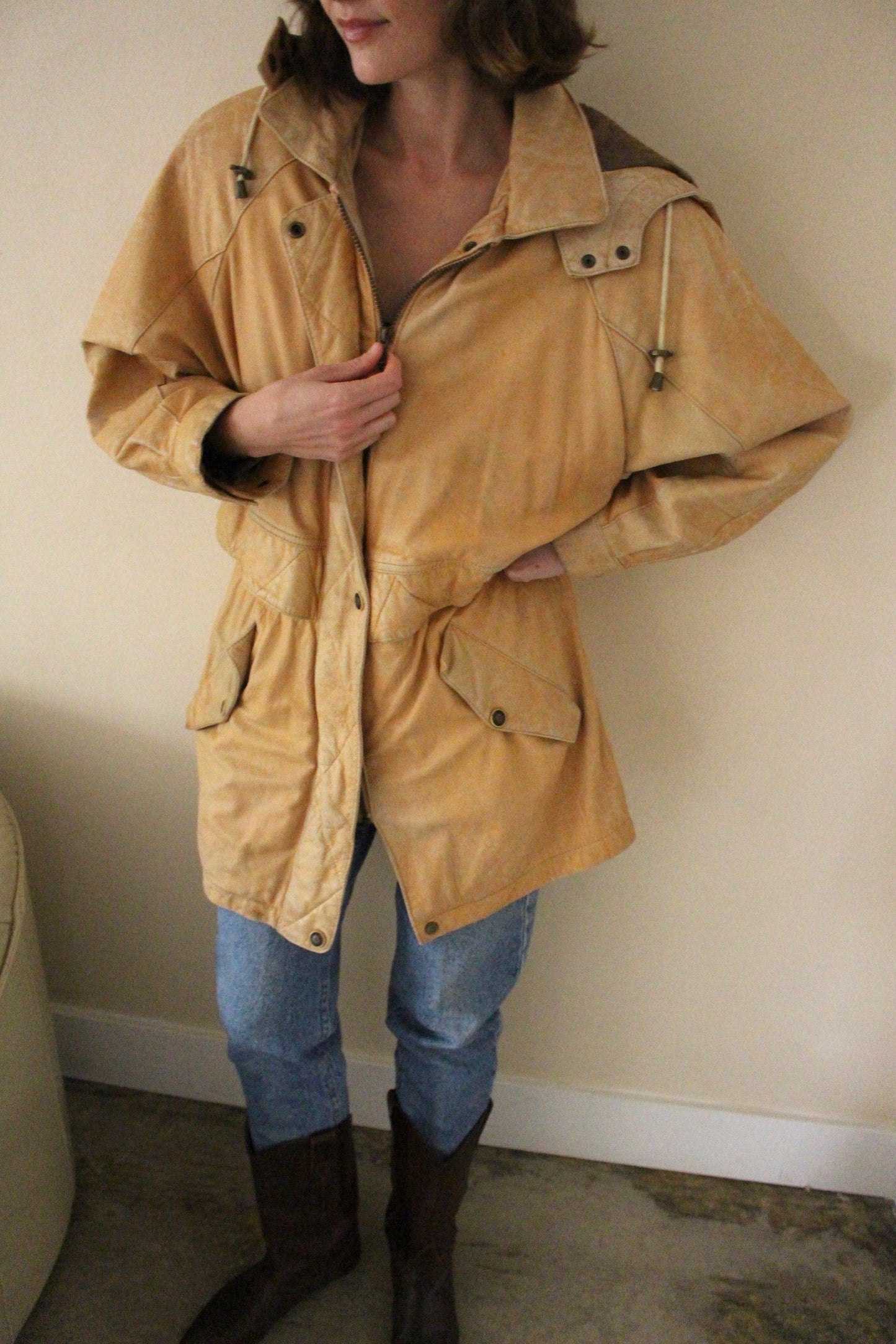 Vintage Camel Leather Hooded Jacket