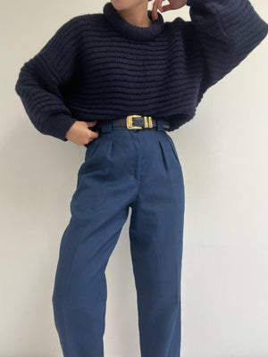 90s Navy Linen Pleated Trousers