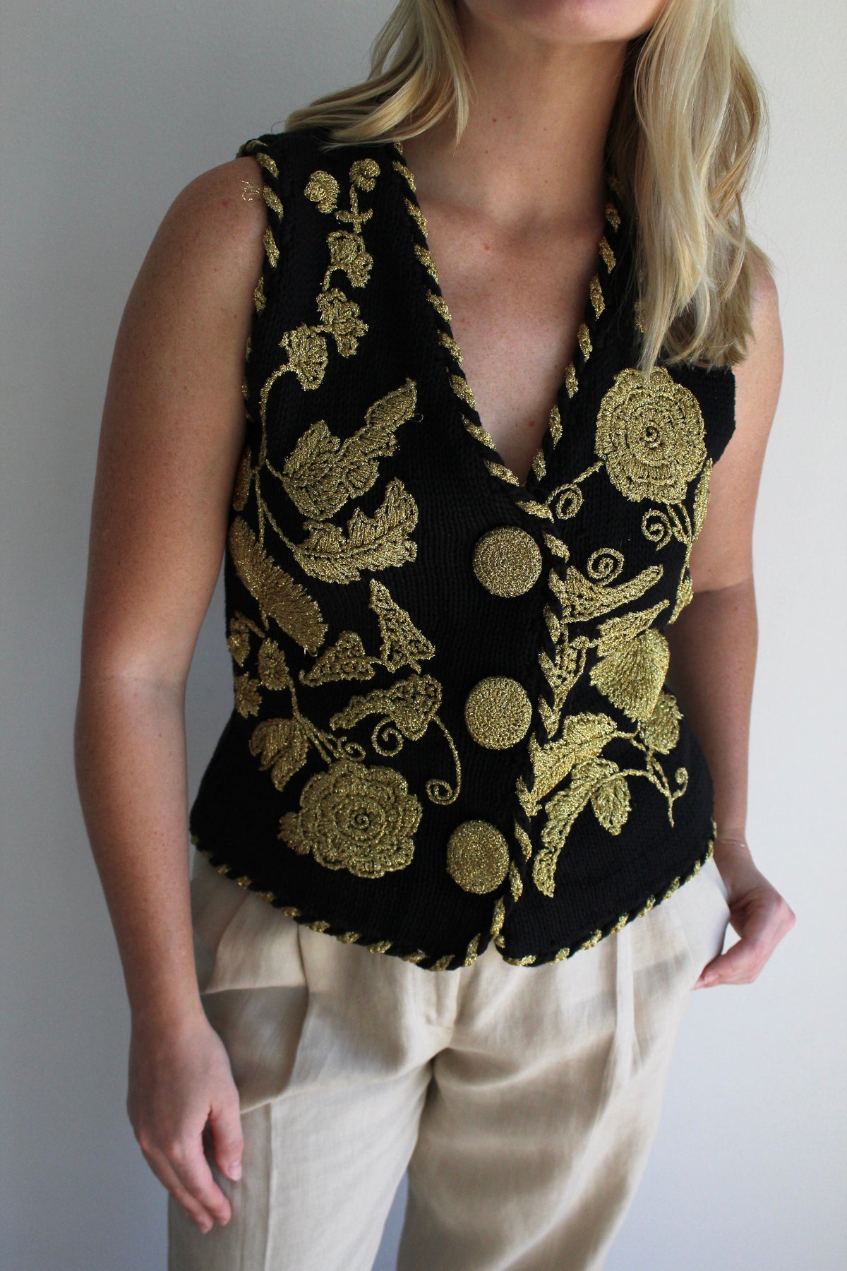 Ornate Vintage Golden Floral Knit Vest