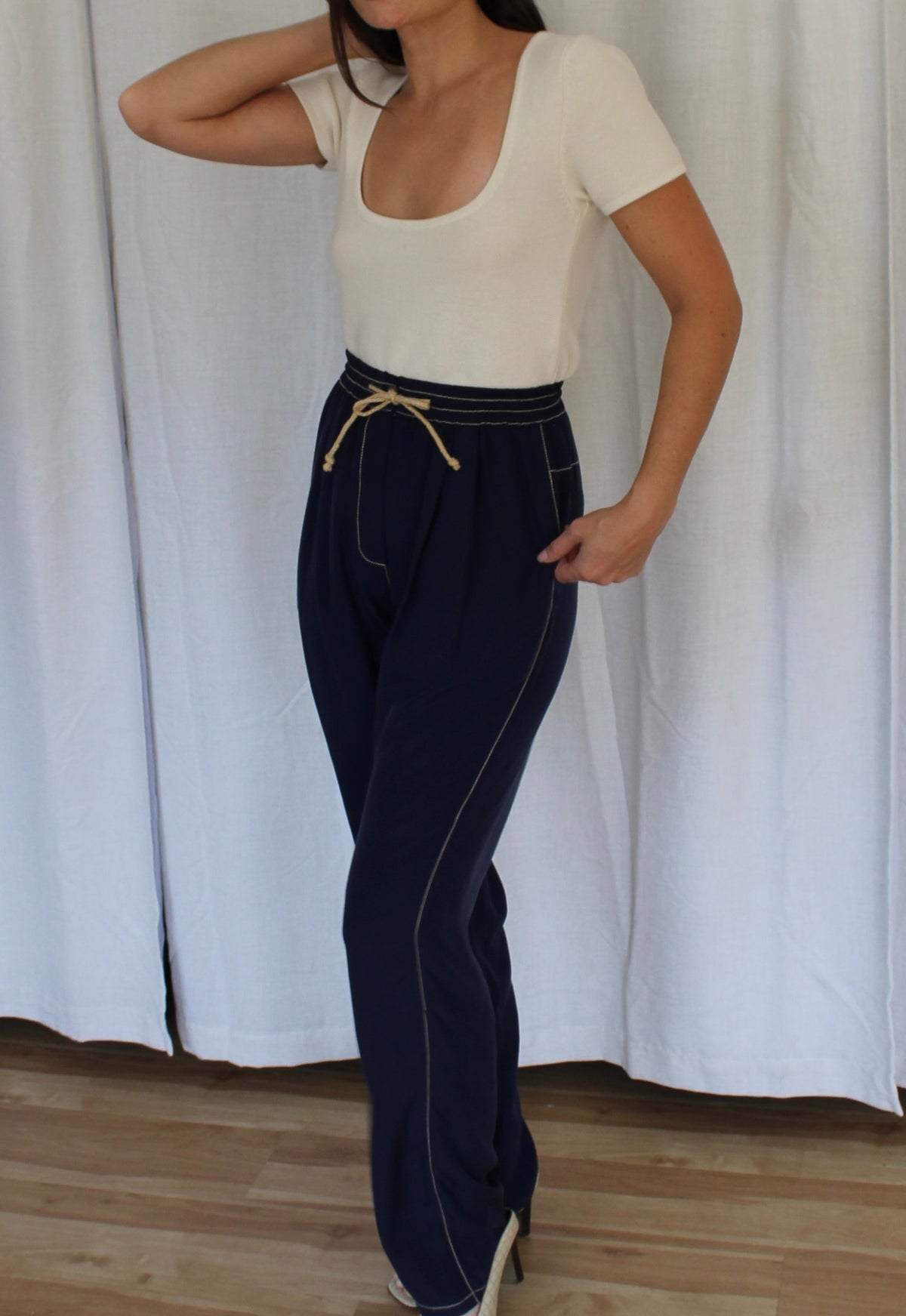 Gorgeous Vintage Navy Silk Drawstring Pants