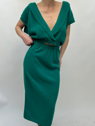 Vintage Emerald Knit Vest & Skirt Set