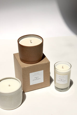 Basil & Bergamot Essential Oil Soy Candle / Available in White & Terracotta Ceramic