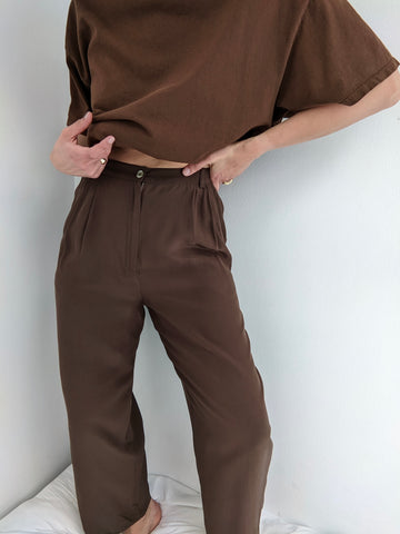 Vintage Cocoa Silk Pleated Trousers