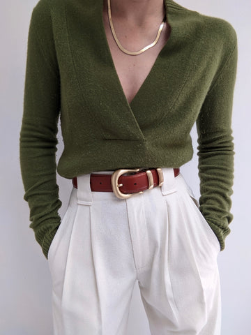 Olive V-Neck Cashmere Sweater