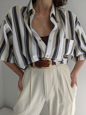 Vintage Sand & Faded Black Striped Button Down