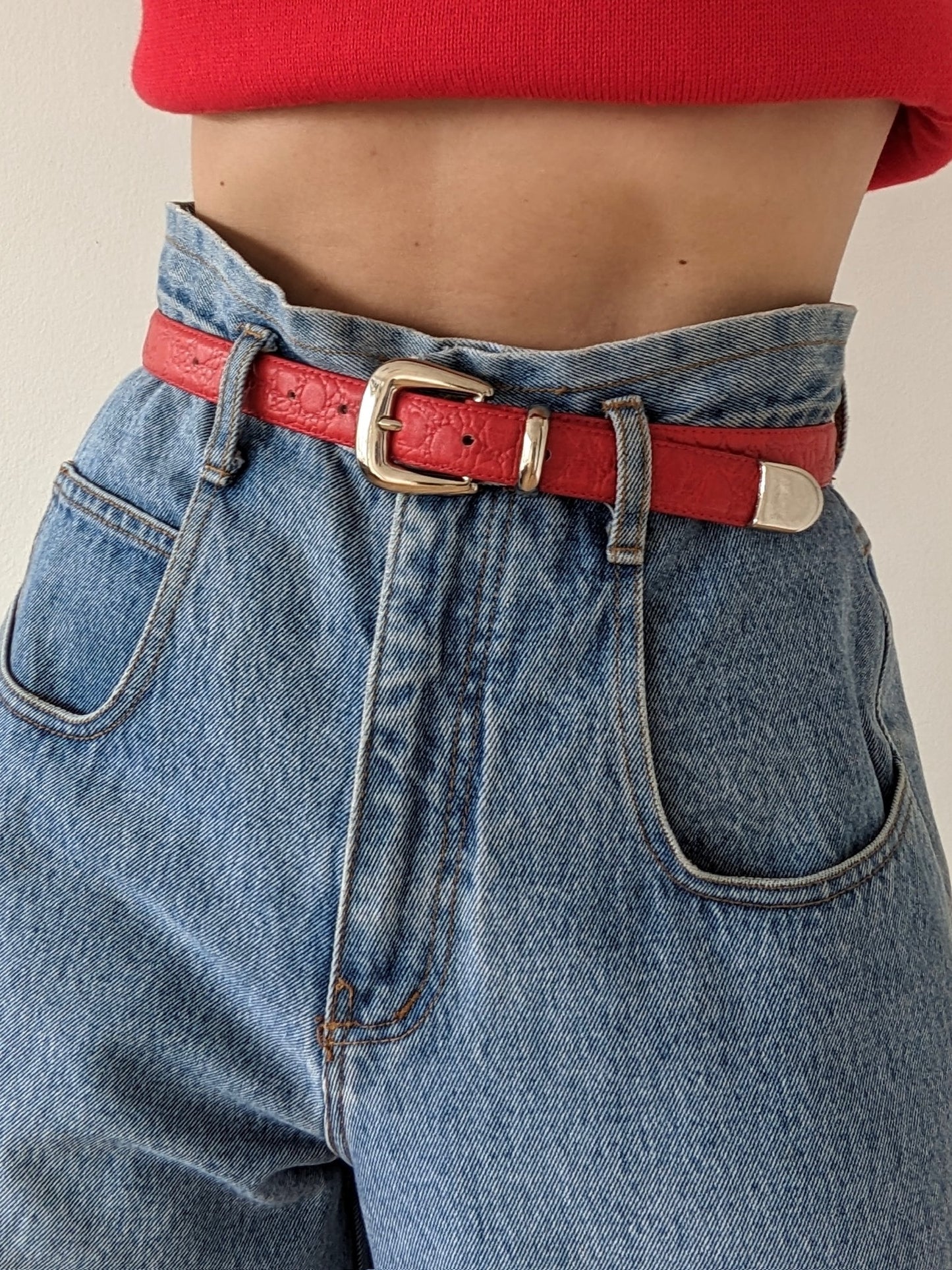 Vintage Cherry Red Embossed Leather Belt