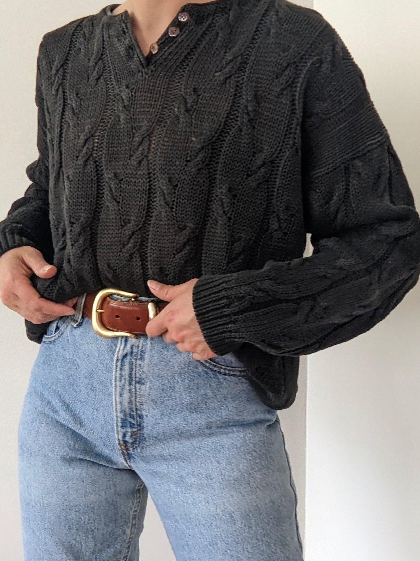 Vintage Faded Black Cable Knit Henley