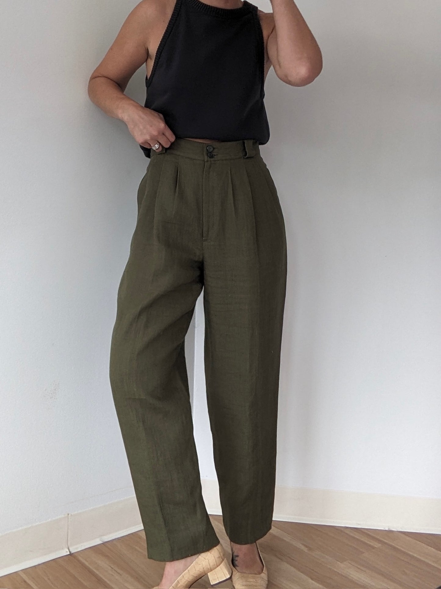 Beautiful Vintage Olive Pleated Linen Trousers
