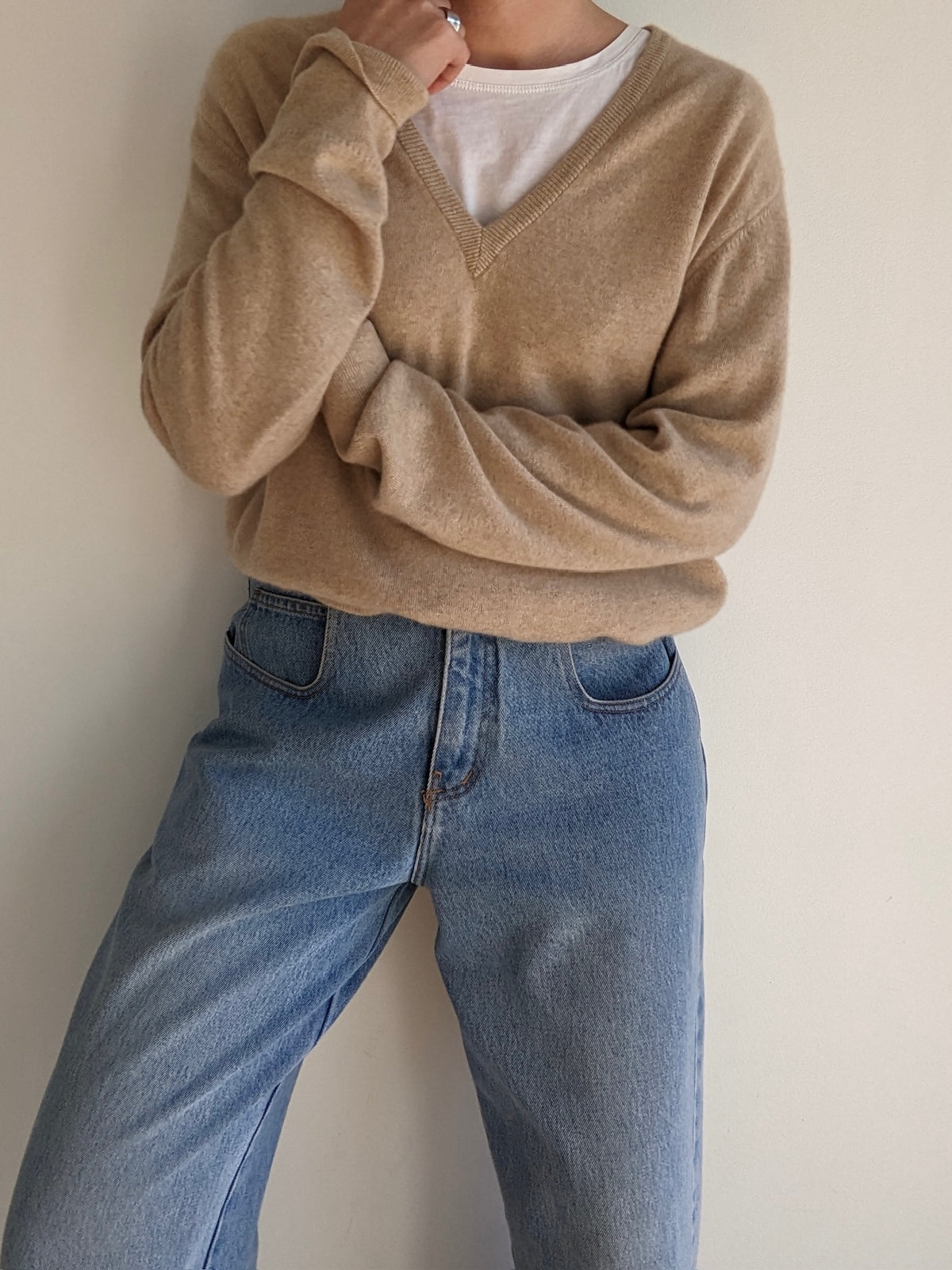 Vintage Latte Cashmere V-Neck Sweater
