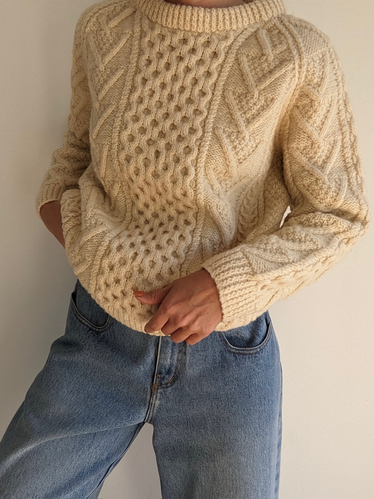 Vintage Buttercream Handknit Wool Fisherman Sweater