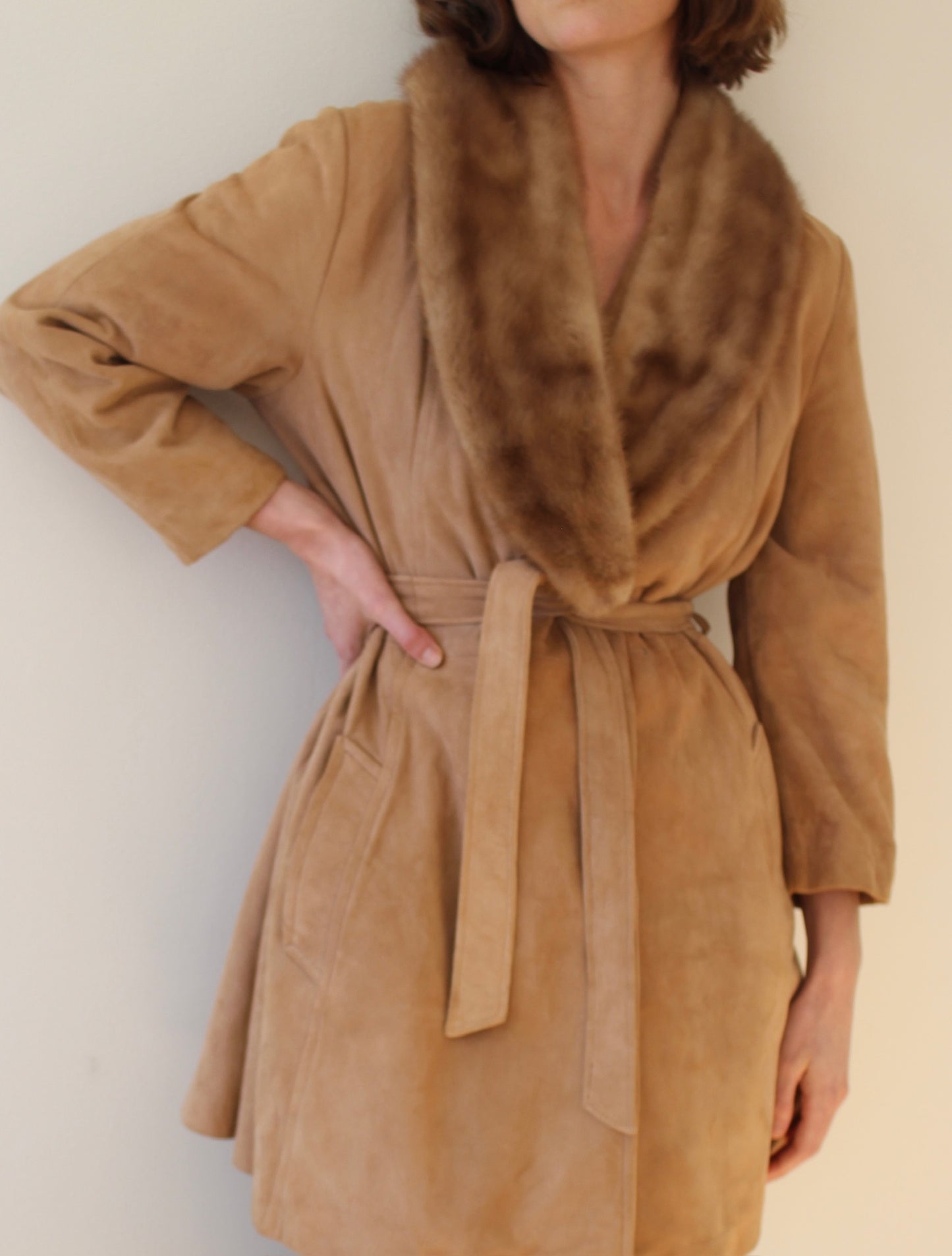 Rare Vintage Belted Suede & Fur Collar Coat