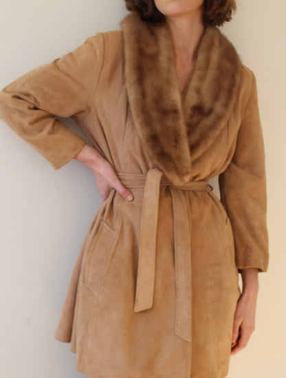 Rare Vintage Belted Suede & Fur Collar Coat