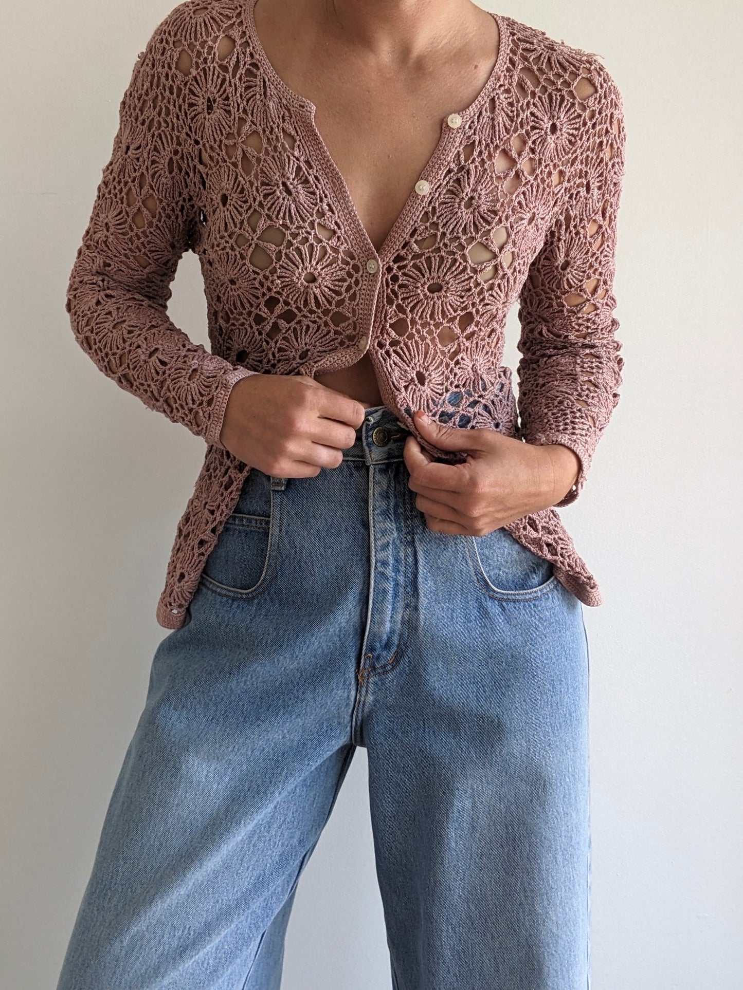 Vintage Mauve Crocheted Cardigan