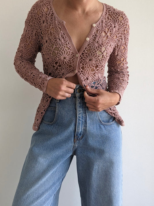 Vintage Mauve Crocheted Cardigan