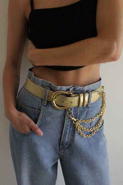 Vintage Champagne Leather & Statement Chain Belt