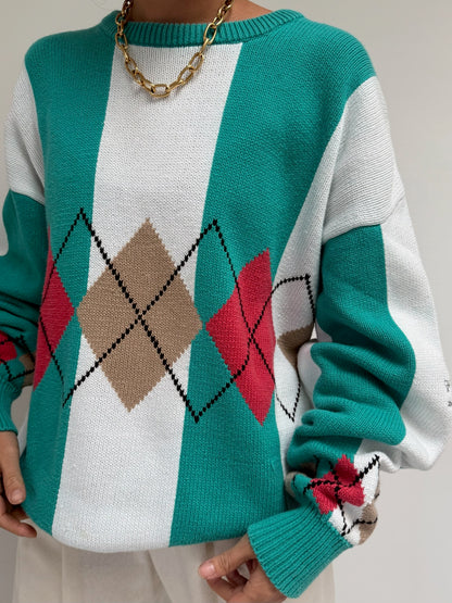 Vintage Wide Striped Argyle Cotton Sweater
