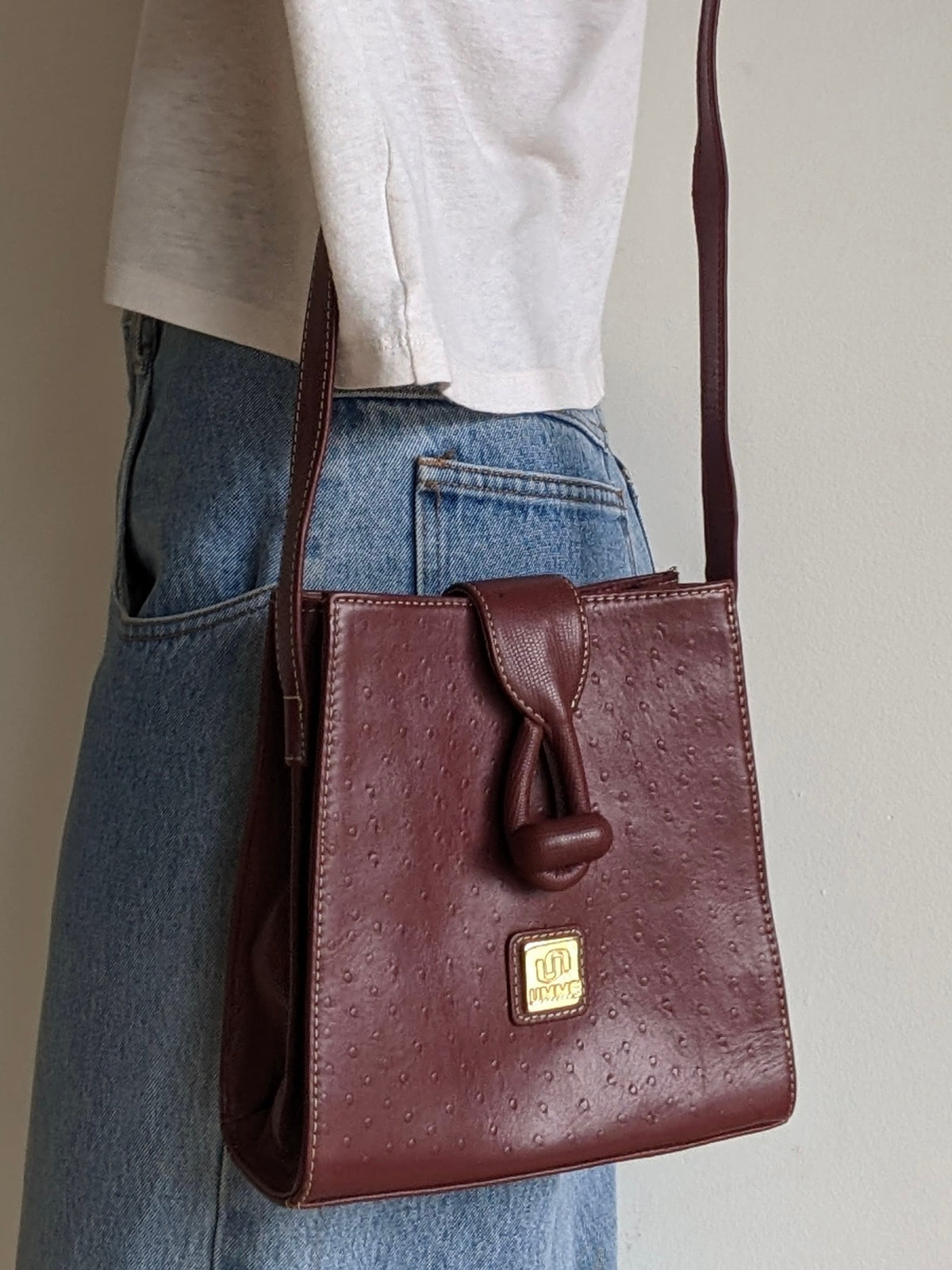 Stunning Vintage Oxblood Ostrich-Embossed Leather Purse
