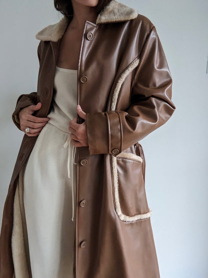Vintage Chocoate Vegan Leather Belted Coat