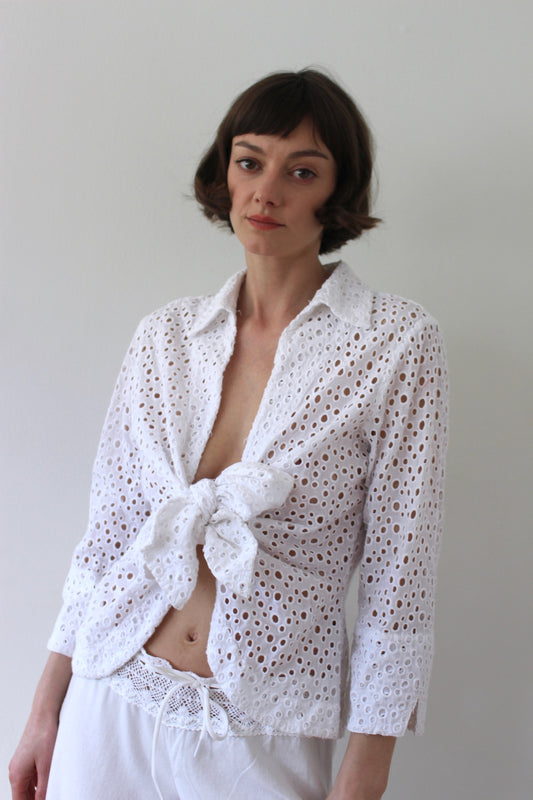 Beautiful Vintage Ivory Eyelet Cotton Tie Blouse