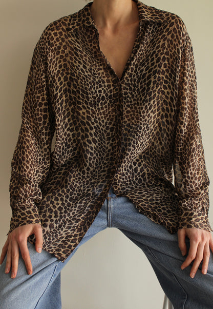 Vintage Sheer Animal Print Silk Blouse