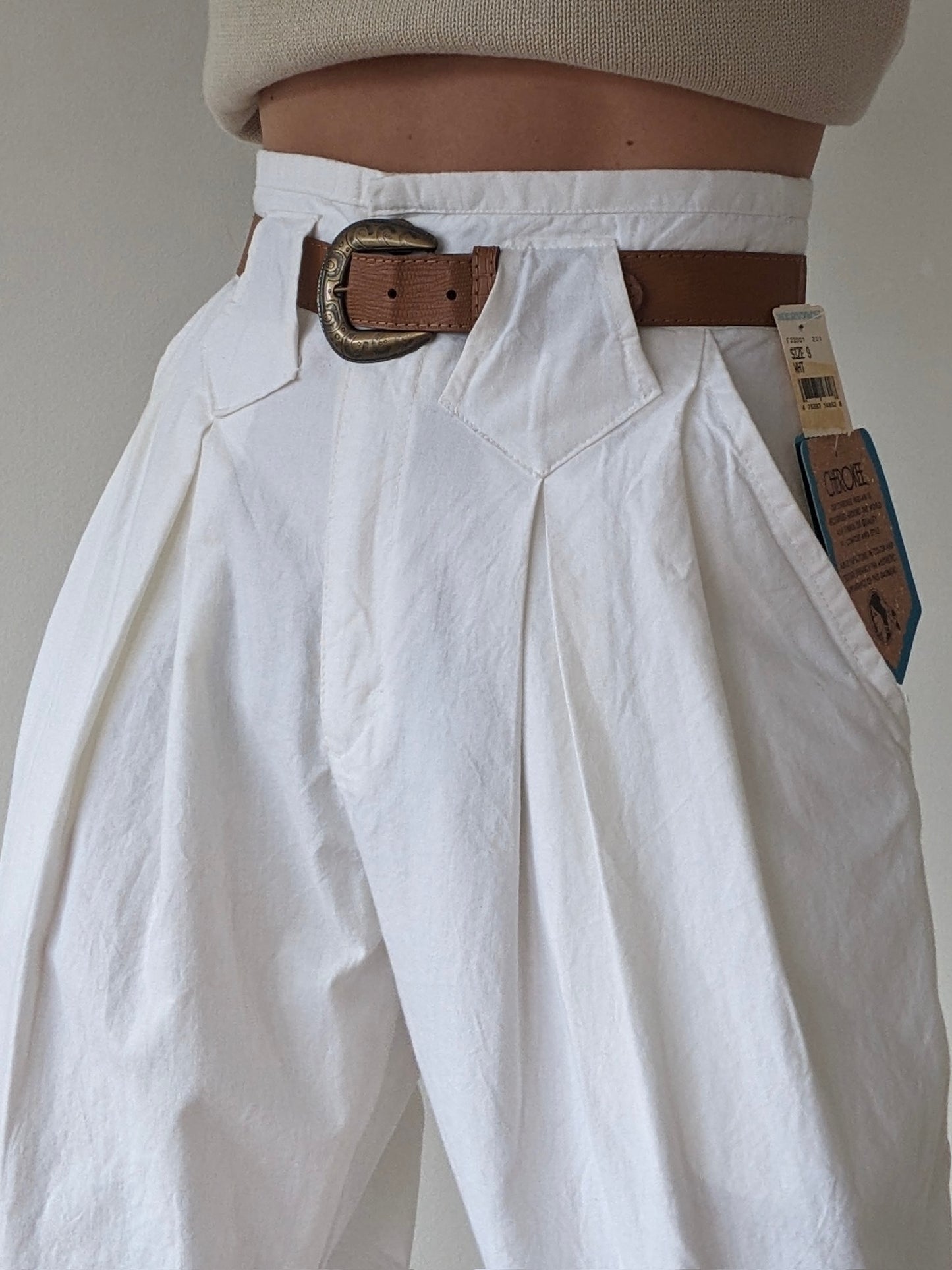 Vintage Eggshell Pleated Cotton Trousers