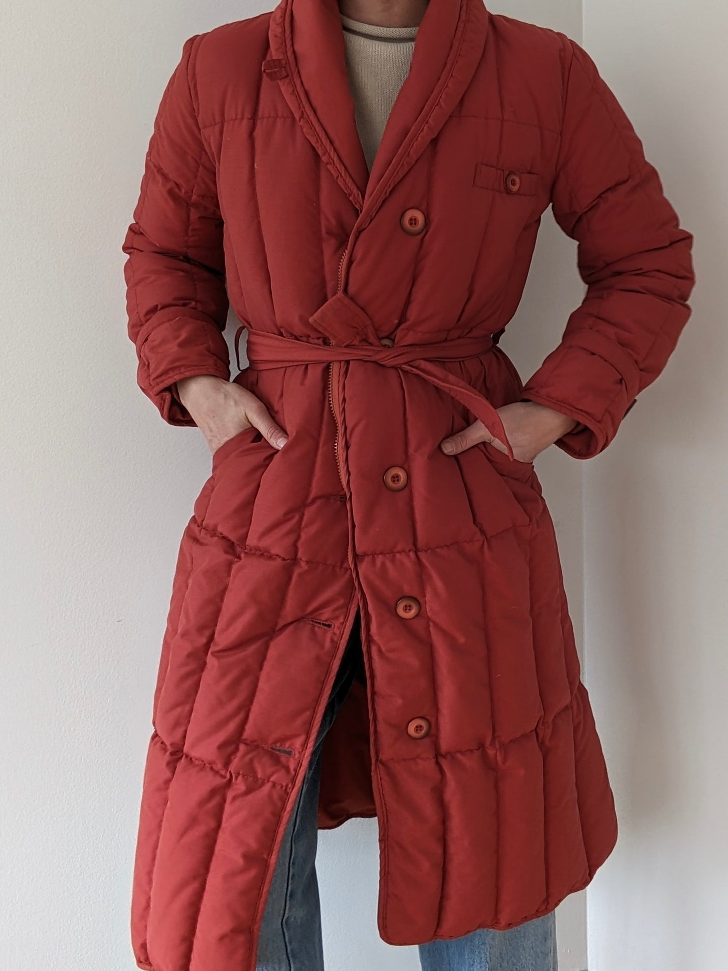 Vintage Persimmon Belted Goose Down Puffer Coat
