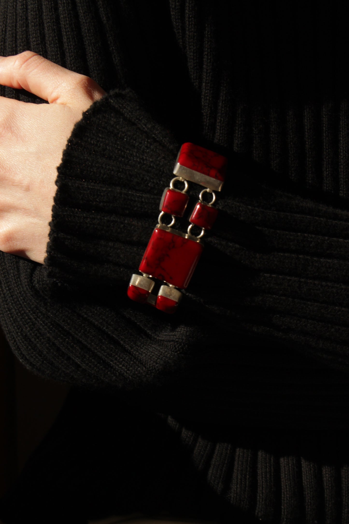 Vintage Modernist Red Jasper & Sterling Silver Bracelet & Earrings Set