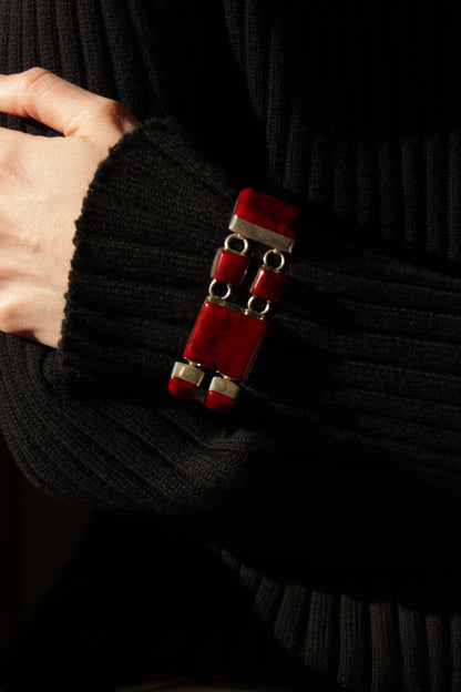 Vintage Modernist Red Jasper & Sterling Silver Bracelet & Earrings Set